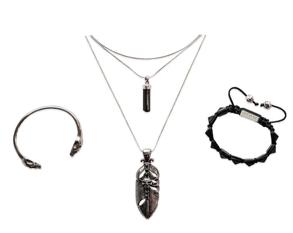 Essential Full Set - Necklace Layers, Pyramid Onyx Bracelet, Skull Bangle